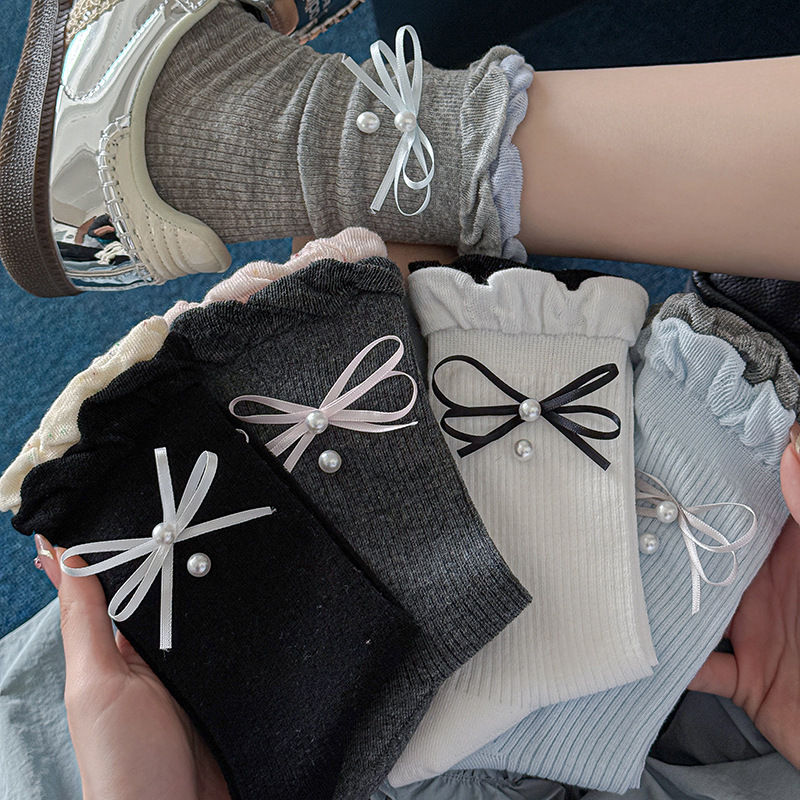 Lace Pearl Pile Socks Women's Boneless Socks Bow Japanese Style Style Ins Trendy Women's Socks Miu Ballet Style Mid-Calf Socks