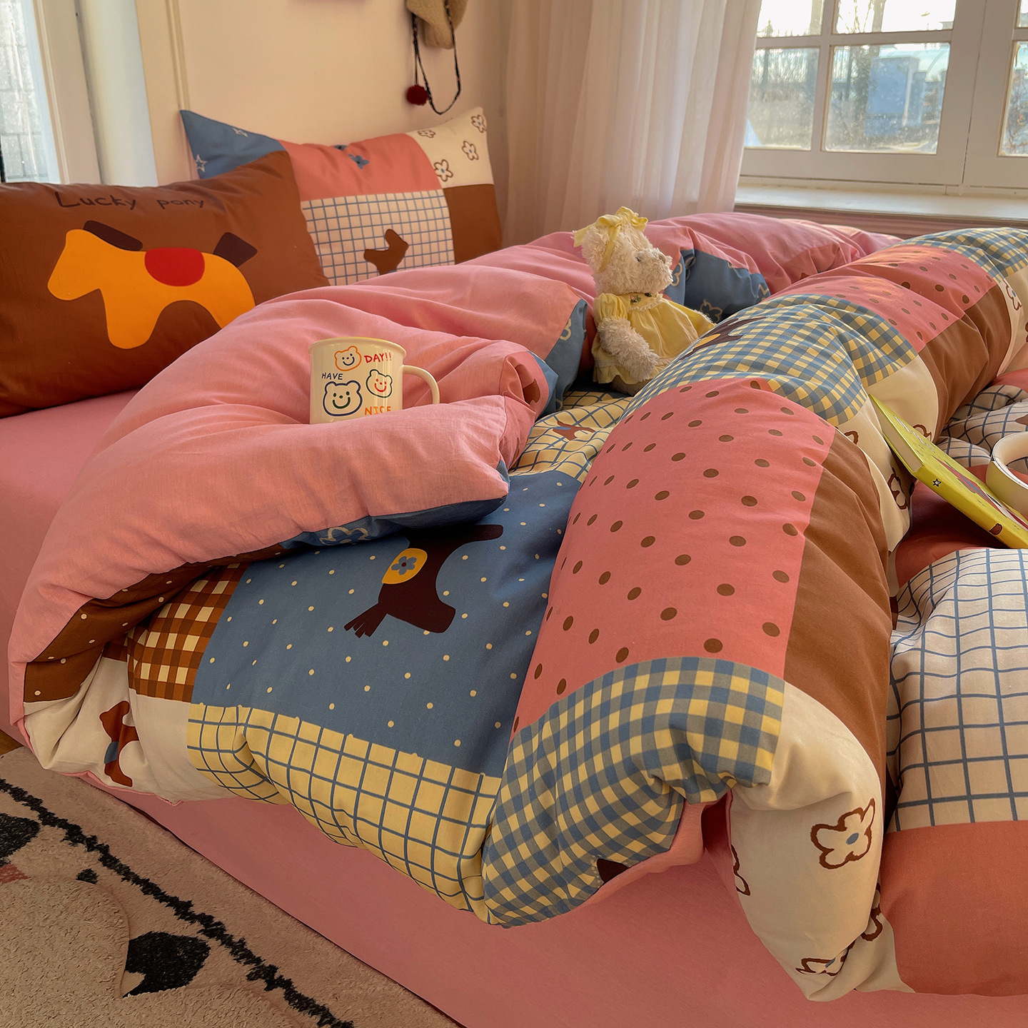 Mezcla de algodón impresa digital grande funda de almohada pequeña serie fresca gatos lindos cuatro piezas dormitorio tres piezas cama