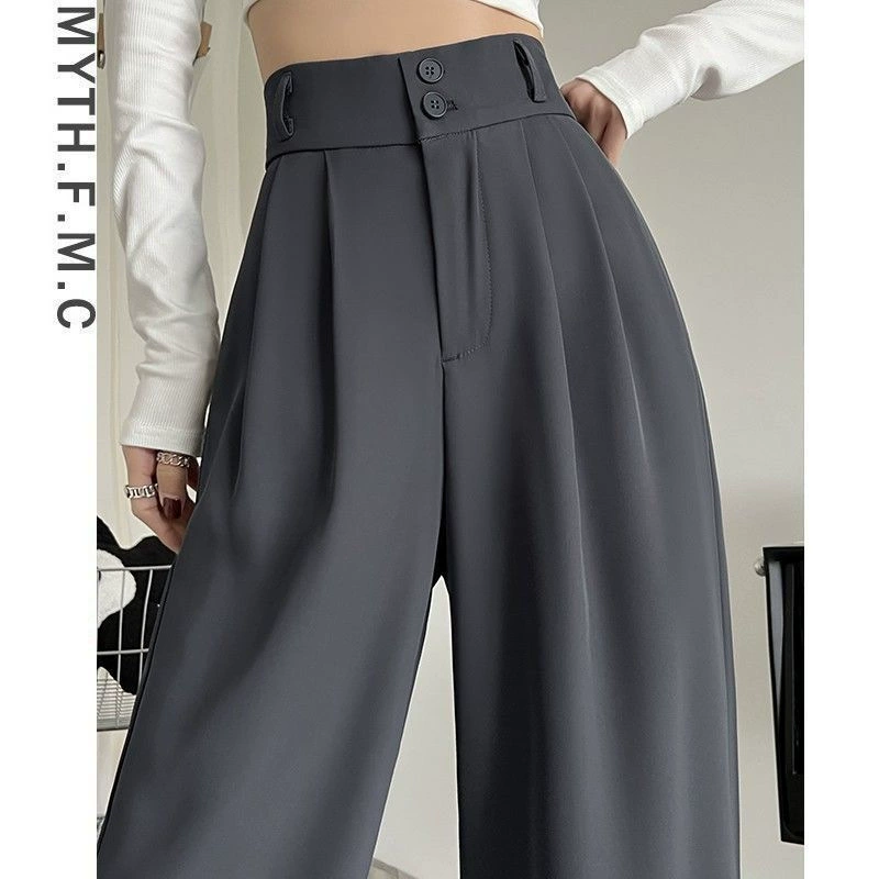 Костюм с широкими брюками для женщин, весна и осень 2025, новый стиль для маленьких студентов, простые и универсальные черные прямые брюки с высокой талией и драпировкой.