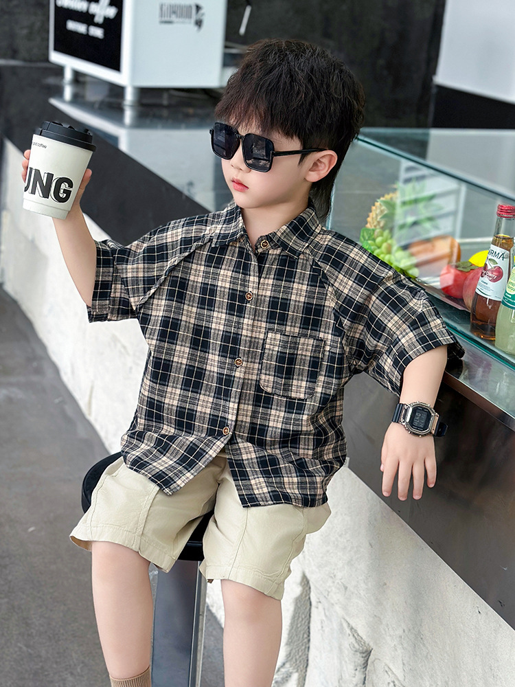 Camisa a cuadros de manga corta para niños 7240, ropa infantil, pantalones cortos holgados, pantalones cortos de verano 2026, nuevo estilo, pantalones cortos elegantes para bebé