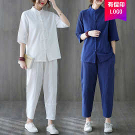 棉麻复古立领中式盘扣上衣太极服晨练功服女禅意宽松茶服两件套