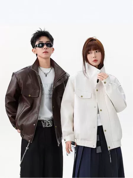 American-Style Stand-Collar Pu Leather Jacket, Loose-Fitting Couple's Motorcycle-Style Coat, New Spring and Autumn Fashion, Versatile, Unisex