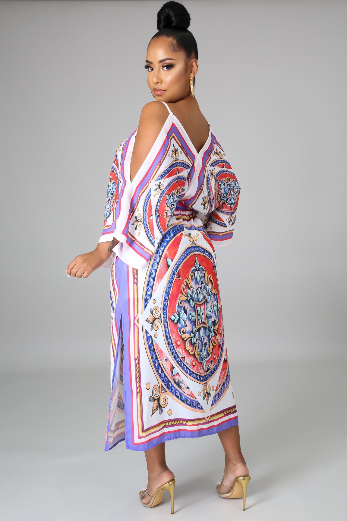 long-sleeved off-shoulder v-neck loose print long dress NSXLY120001