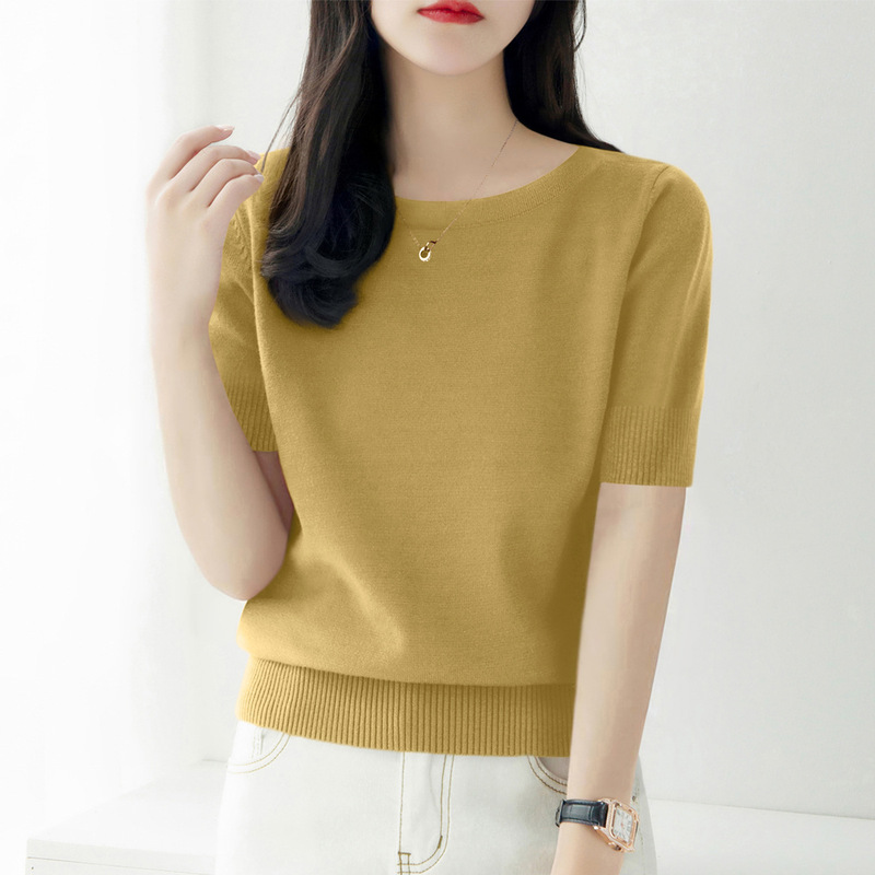 2025 New Fashion Short-sleeved Slim Sweater Women's Summer Thin One-character Collar All-match Loose Top T-shirt