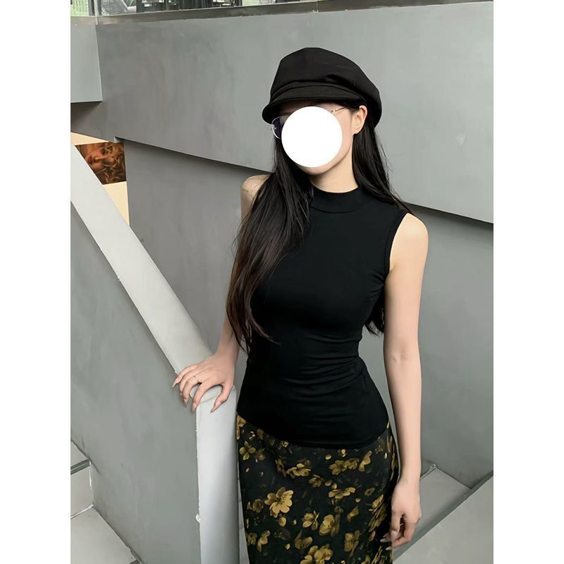 美式辣妹灰色半高领无袖背心恤女夏弹力紧身显瘦别致打底衫上衣|undefined