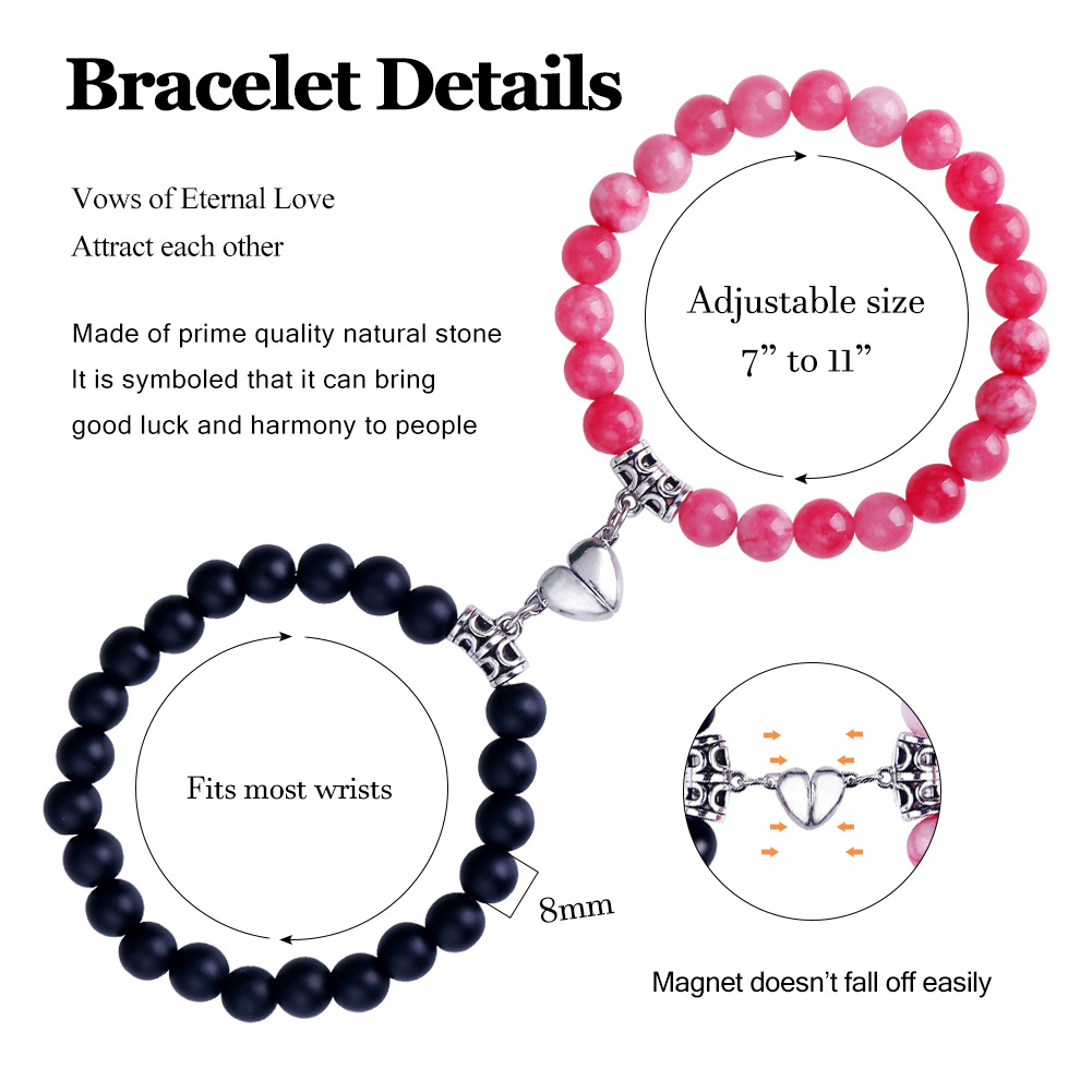 19g Weight Bracelets Classification 2 Pieces Quantity Holiday, Daily Occasion Natural Stone Alloy Magnet Material Heart Shape Pattern Unisex Gender Beaded, Knitting Design Simple Style, Classic Style Style Simple Style Classic Style Heart Shape Natural Stone Alloy Magnet Bracelets In Bulk 8