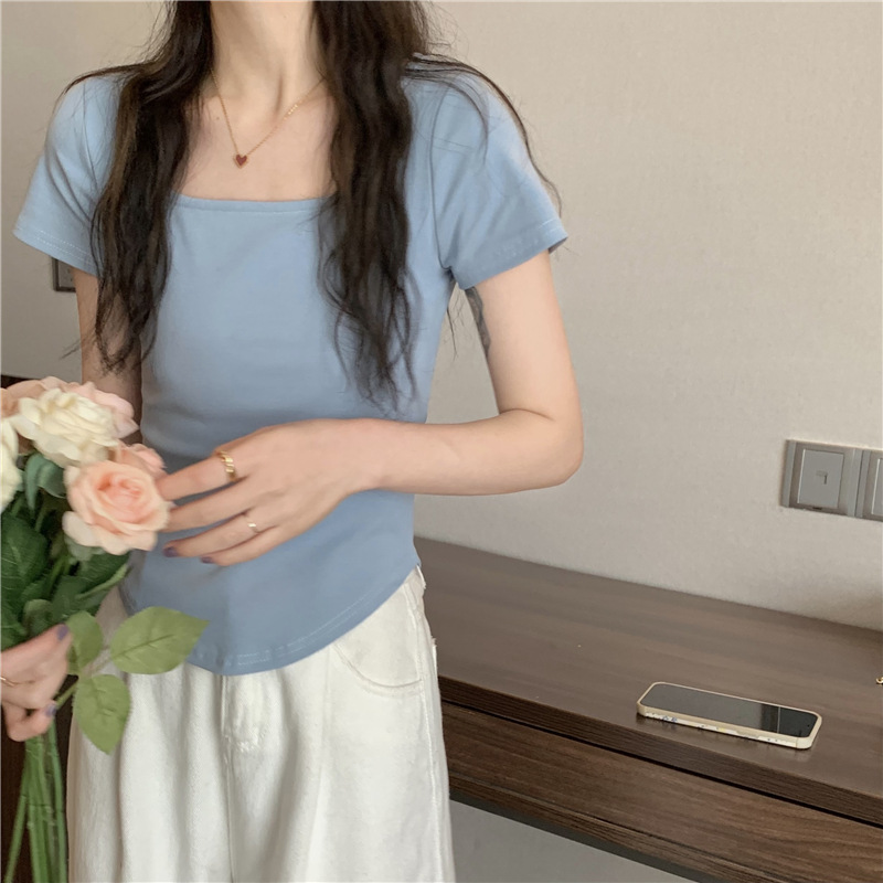 175g Weight Short Sleeve Sleeve Length Polyester Fabric Type Short Top Length T-shirt Tops Type Casual, Daily Occasion Square Neck Neckline Slim Fit Type Solid Color Pattern Spring, Autumn Season Women's Gender Casual, Simple Style Style Wholesale Women's Casual Simple Style Solid Color Short Sleeve T-Shirts 7