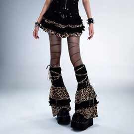 跨境新品欧美风辣妹个性豹纹袜套亚文化千禧风绑带堆堆显瘦腿套潮