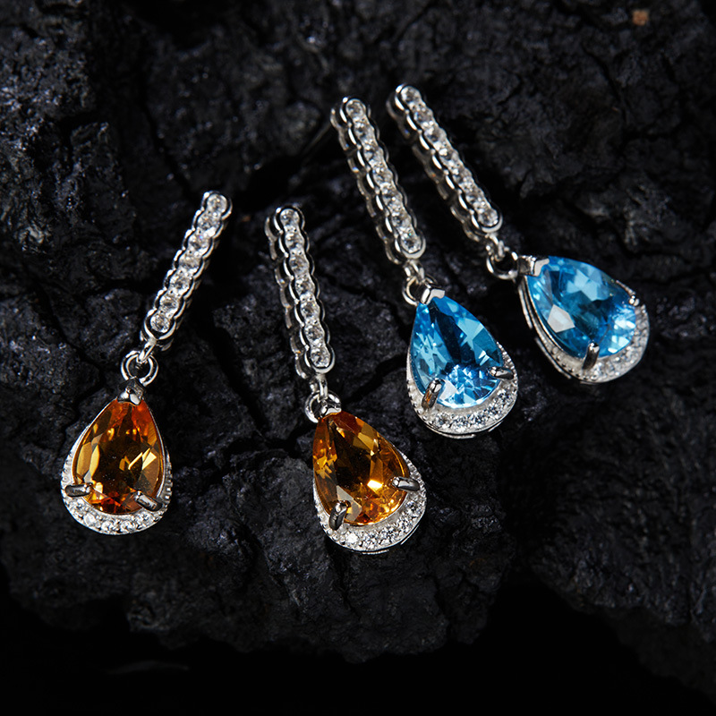 925 Sterling Silver Topaz Crystal Geometric Drop Earrings display picture 3