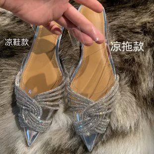 Женские прозрачные босоножки с кристаллами в стиле феи, лето 2025, новинка, заостренный носок, сексуальные, модные, на низком каблуке