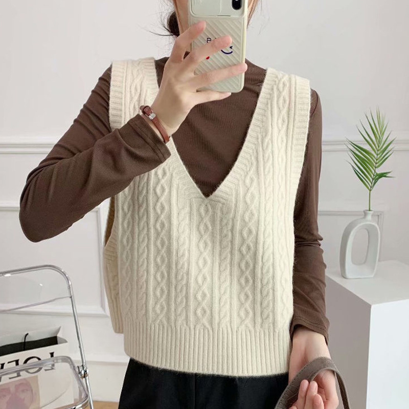 Otoño 2023 chaleco de punto con cuello en v retro de las mujeres apiladas a juego flojo estilo perezoso patrón de lino suéter corto image 5