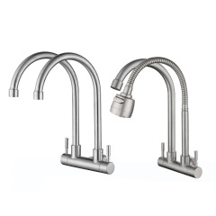 304 stainless steel wall-mounted single cold water faucet double pipe swivel kitchen sink dual outlet faucet