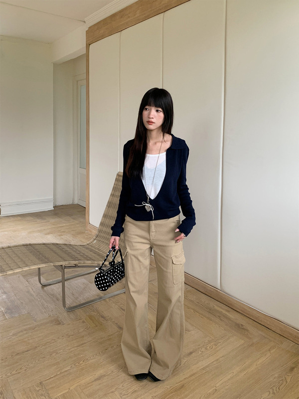 誉一新款2025秋季假两件深V领针织衫女个性翻领长袖上衣女c9631|undefined