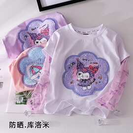 女童短袖T恤夏装纯棉洋气冰瓷棉假两件防晒变色亮片半袖上衣卡通