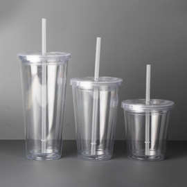 厂家批发塑料杯16oz亮片闪粉插卡冷饮果汁杯透明带平盖双层吸管杯