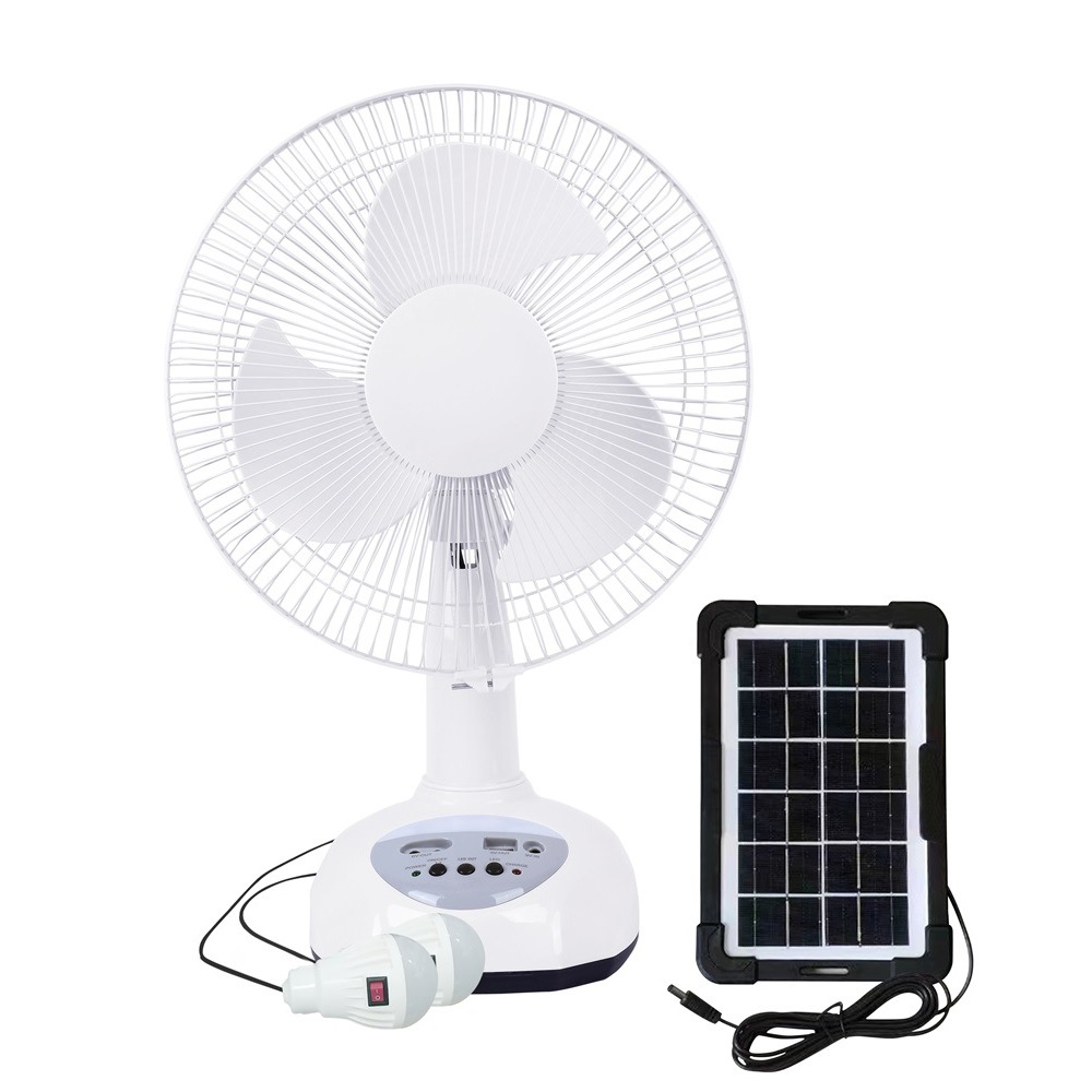 Oferta especial más vendido 12 pulgadas con dos bombillas panel solar ventilador eléctrico recargable ventilador de mesa ventilador de emergencia
