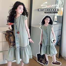 女童连衣裙夏季2025新款儿童洋气大童夏装裙子薄款短袖背心牛仔裙
