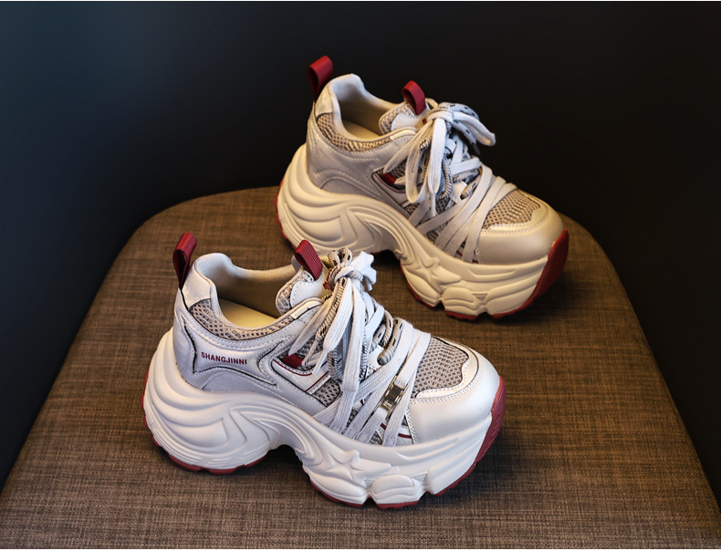 Giày sneaker nữ đế dày lưới nhẹ nâng chiều cao 9 cm — xám đỏ chi tiết 5