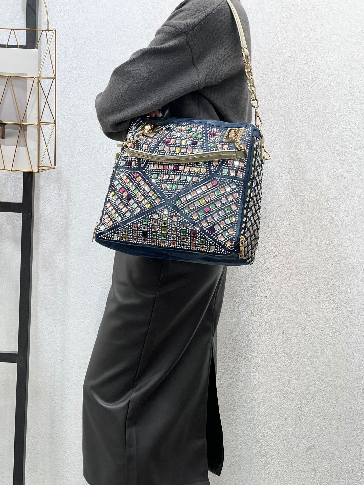 24 nuevos bolsos de mujer de moda tejida europea y americana, bolso de mezclilla de diamantes calientes, bolso de hombro de mensajero de viaje de gran capacidad con diamantes