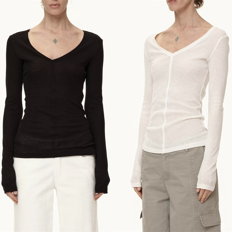 Tencel Wool V-Neck Slim-Fit Stretch Long-Sleeved Base Shirt Top for Women