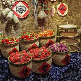 蔬菜土特产竹筐晒秋展示架幼儿园丰收装饰秋季子节农家乐蔬麦太保