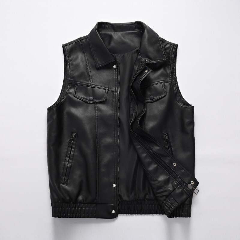 2026 Fall/Winter New Vintage PU Leather Vest for Men, Sleeveless, Turn-down Collar, Biker Style, Loose Fit, Versatile Workwear Leather