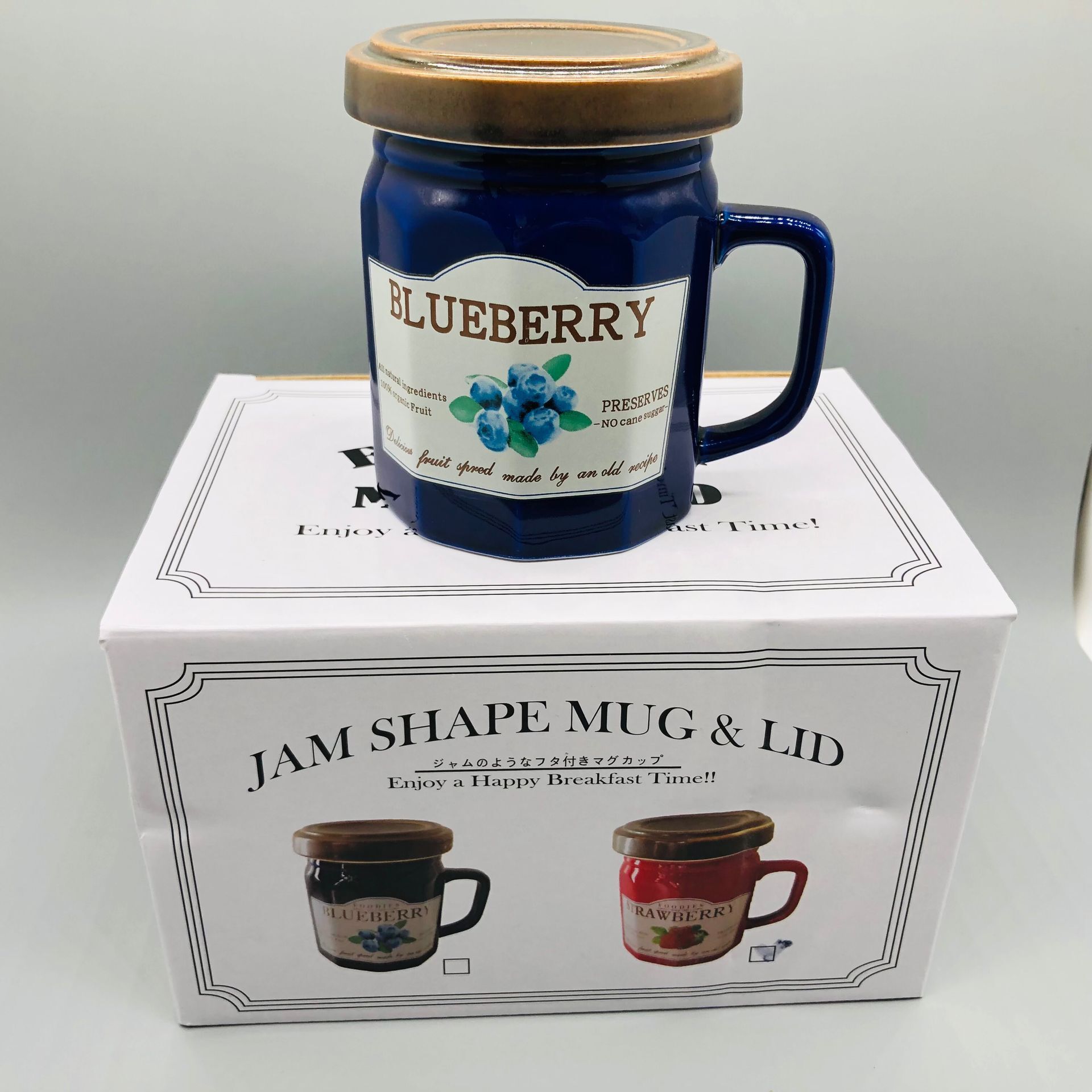 Retro lindo mermelada de fresa Taza de cerámica mermelada de arándanos Taza de cerámica con tapa Taza de cerámica titular de la pluma