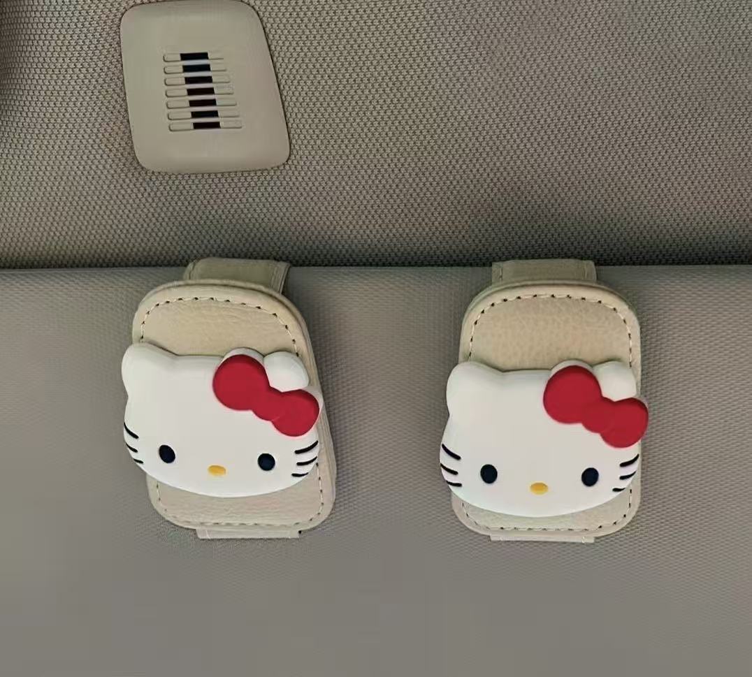 Cute Kt Cat Car Sunglasses Holder, Multifunctional Sun Visor Storage for Sunglasses, Cards, and Cute Receipt Clip
