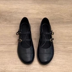 现货~韩版简约真皮双排扣浅口单鞋女通勤百搭圆头粗跟玛丽珍鞋
