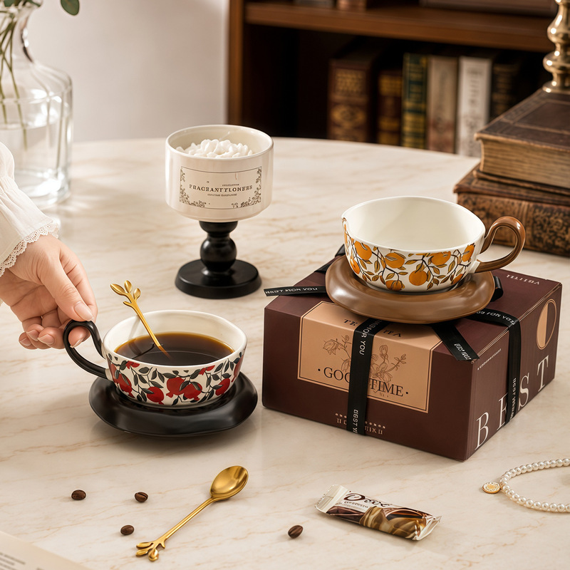 Medieval-Style Ceramic Coffee Cup and Saucer, Niche Design Milk Cup, Light Luxury High-End Afternoon Tea Coffee Cup Wholesale