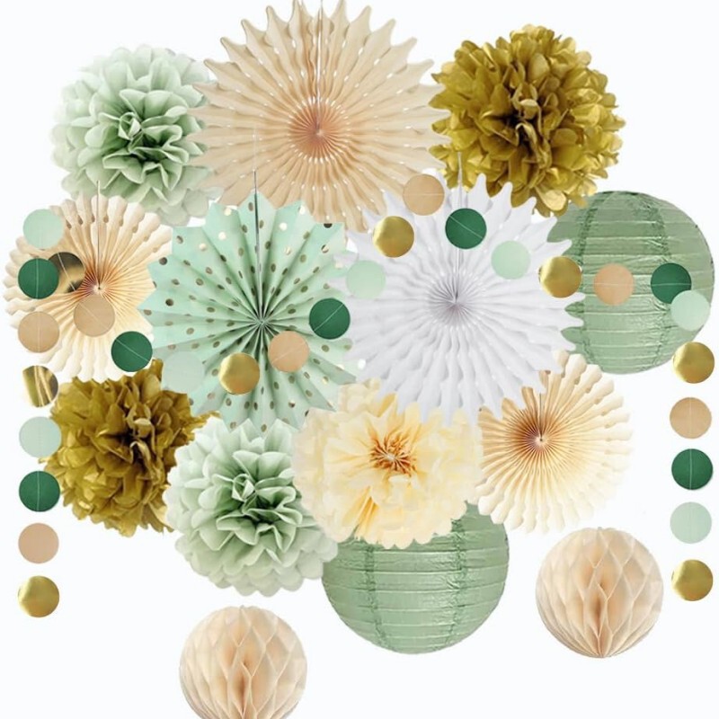 Cross-Border Hot-Selling Sage Green Paper Fan Lantern Set Honeycomb Flower Ball Party Wedding Background Wall Decoration Supplies