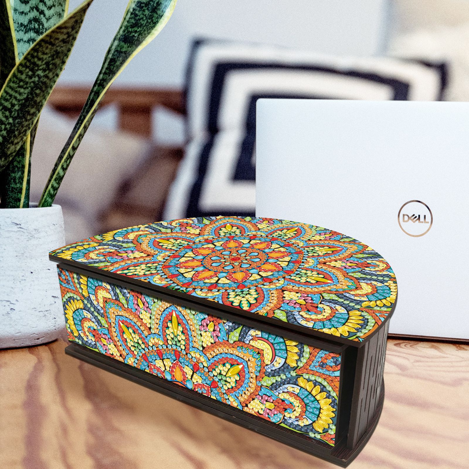 Diamante transfronterizo dibujo perimetral acrílico mano puntual perforación de madera cajón de perforación de forma especial caja de almacenamiento semicircular distribuible