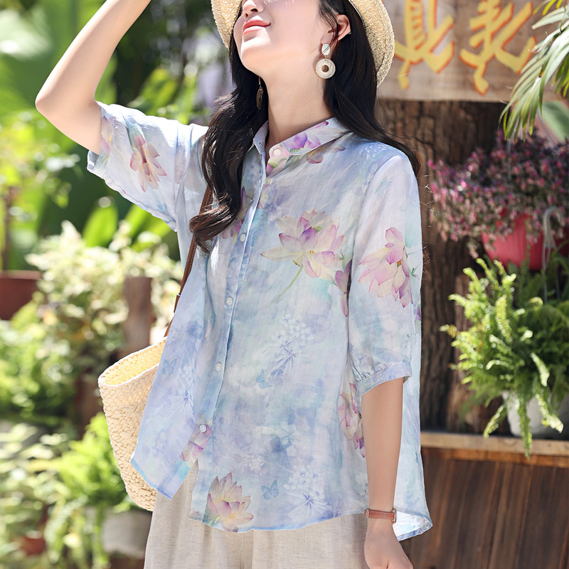Fashionable Printed Ramie Shirt for Petite Women, 2026 Summer New Style, Loose Fit, Plus Size, Age-Reducing, Breathable, Thin Top