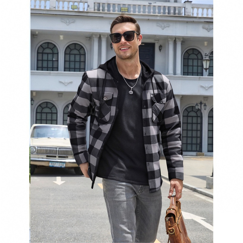2026 Foreign Trade Spring New Style Men's Hooded Sweatshirt, Large Size Men's Clothing, Warm Outerwear, Flannel Plaid Shirt for Men