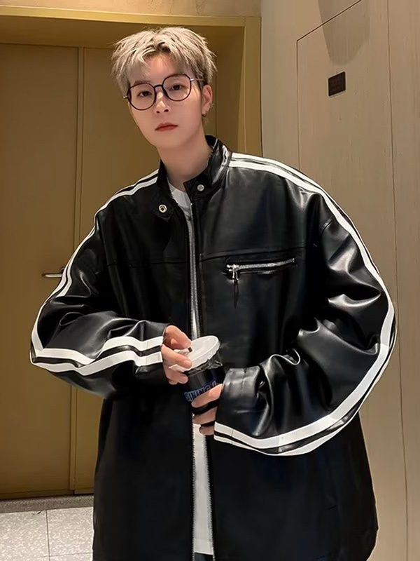 美拉德棕色条纹皮衣男士秋季短款机车服夹克痞帅风高级感立领外套|undefined