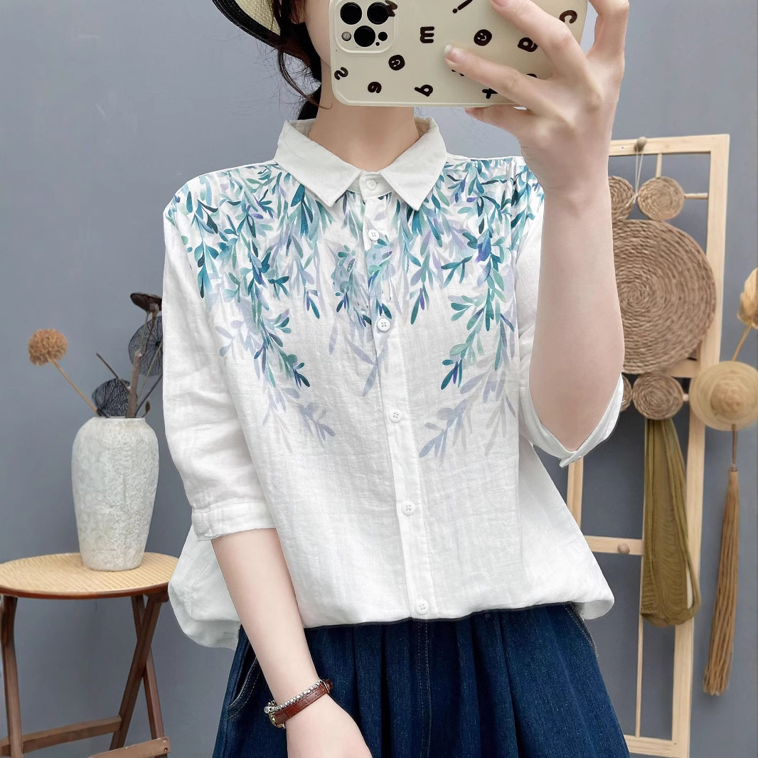 日系新款短袖印花双层棉纱衬衫女宽松显瘦全棉衬衣半袖上衣 批发