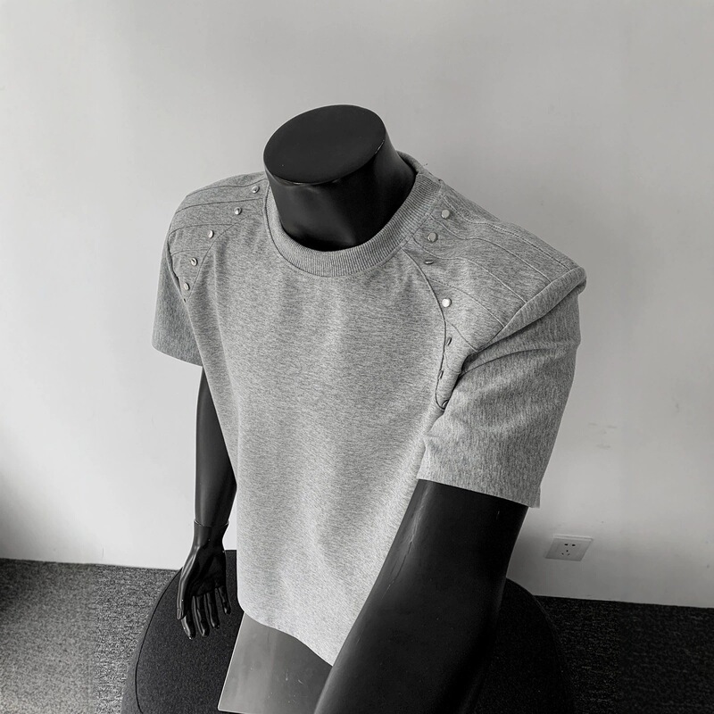 Heavy-Duty Studded Padded Shoulder Short-Sleeve T-Shirt for Men, Cool Streetwear Brand with Cleanfit Design, Niche Style Tee Shirt Top Heavy-Duty Studded Padded Shoulder Short-Sleeve T-Shirt for Men, Cool Streetwear Brand with Cleanfit Design, Niche Style Tee Shirt Top