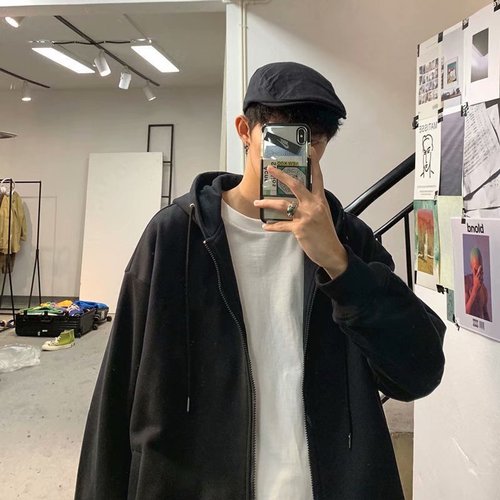 Cap sleeve hoodie male winter autumn Hong Kong style loose casual trendy top unisex pure color crewneck sweater