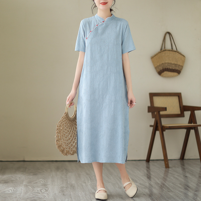[Hot Sale] Brand Discount Store Summer Improved Cheongsam Chinese Slanted Jacquard Stand Collar Cotton and Linen Dress
