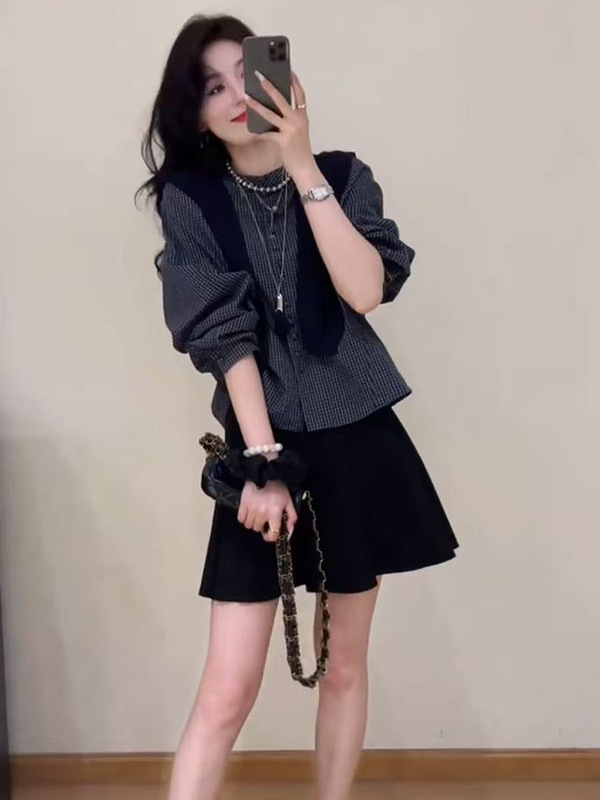 韩系高级感披肩格子衬衫女2025秋季新款宽松显瘦小个子百搭上衣潮|undefined