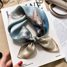 油画蓝色威尼斯杭州丝绸真丝小方巾高档送礼桑蚕丝丝巾海边围巾女