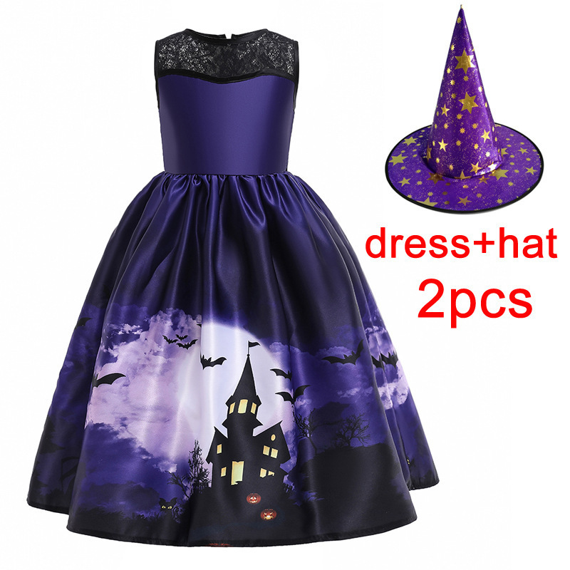 ハロウィンドレス 子供用コスプレ衣装 城の魔女プリントプリンセスドレス パーティーコスプレ衣装|undefined