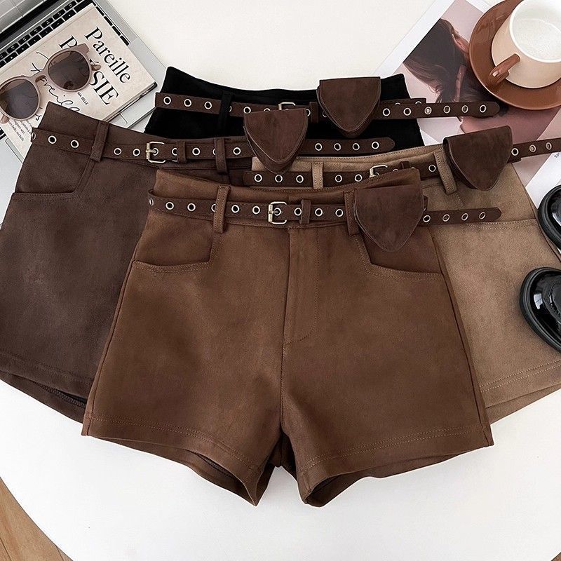 美式复古鹿皮绒高腰显瘦短裤女秋冬阔腿裤休闲裤靴裤a字裤配皮带