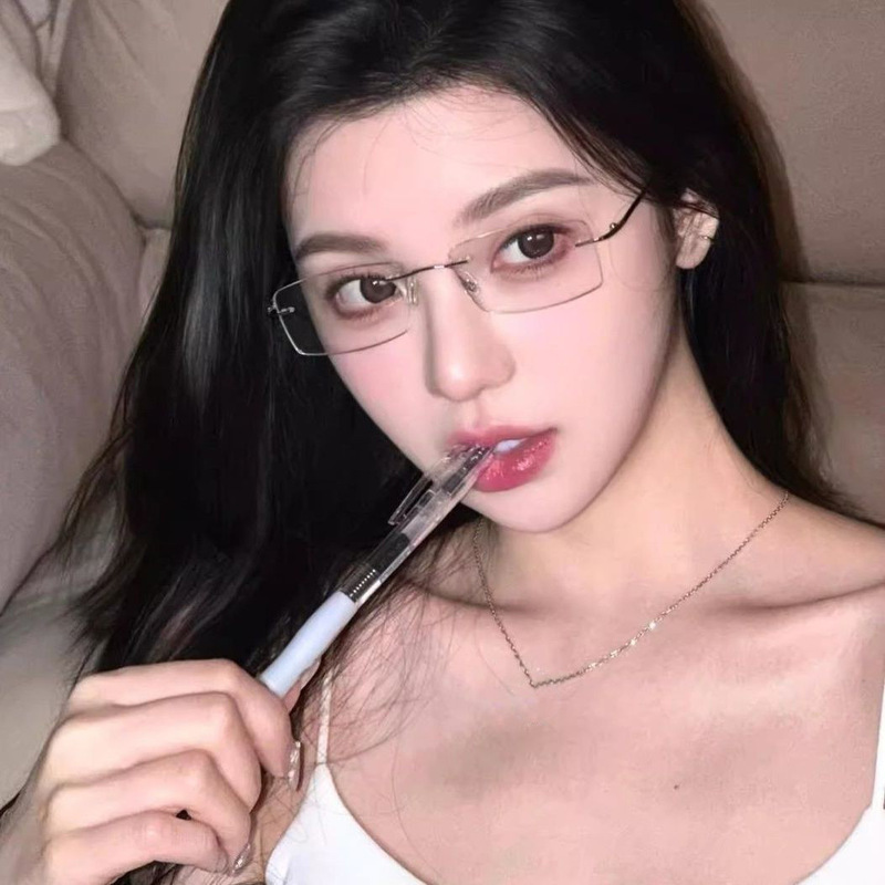 金丝无边框近视眼镜纯欲斯文御姐女超轻方形防蓝光显脸小眼镜框架|undefined