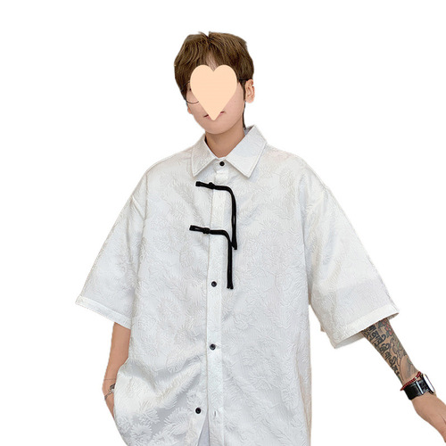 Chinese-style summer embroidered ice silk half-sleeve lapel-fastener collared shirt for men, modified Tang suit-style loose plus-size outerwear shirt