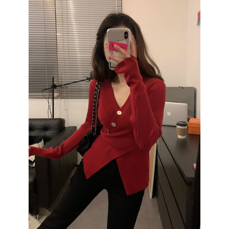 Early Spring Red V-neck Irregular Cross Sweater Knitted Sweater Women's Autumn and Winter French Base Shirt Chic Inner Top Early Spring Red V-neck Irregular Cross Sweater Knitted Sweater Women's Autumn and Winter French Base Shirt Chic Inner Top