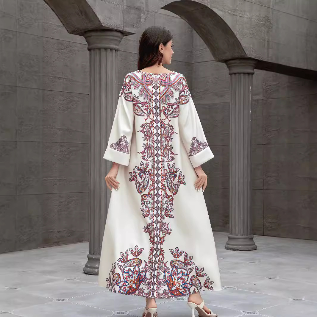 SW0826 Middle Eastern Cross-Border Muslim Women's Robe Elegant Printed Beaded Dress Dubai Foreign Trade Abaya_ecoleips.com