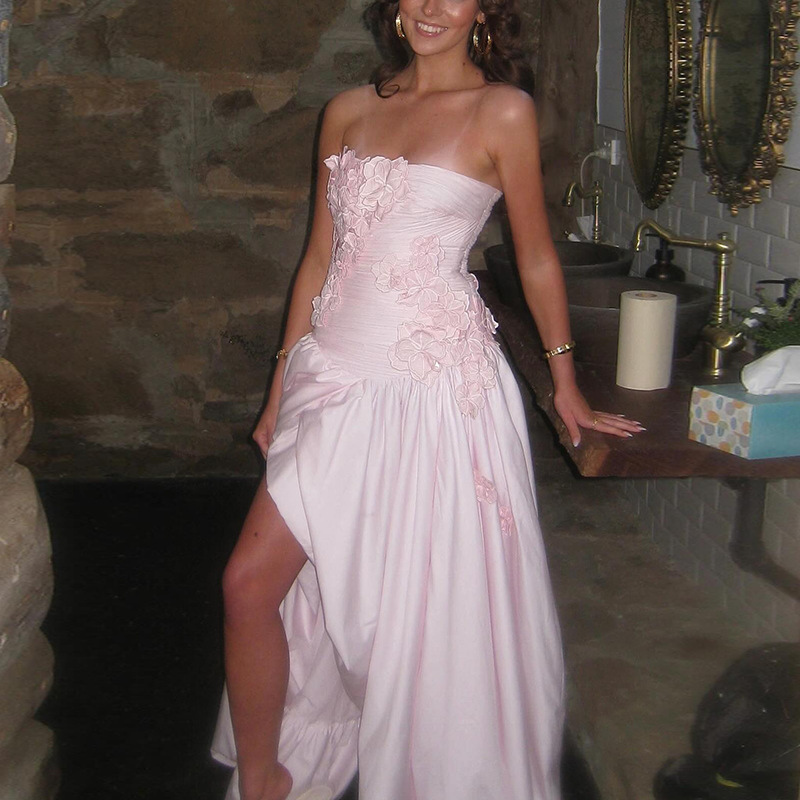 Celebrity Style Collage Three-dimensional Flower Design Tube-top Dress 2025 New Long Split dress Women's Summer