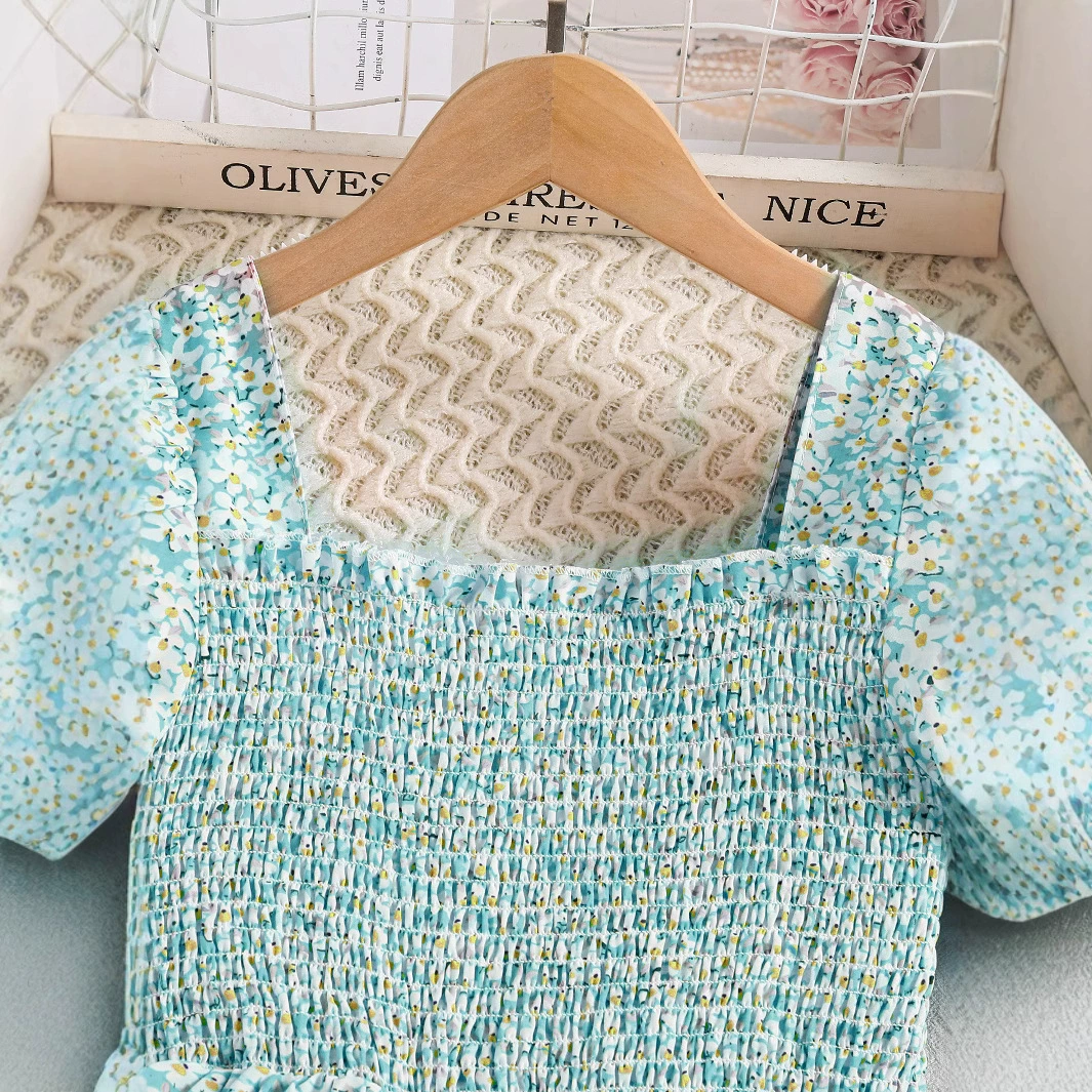 Платье, сарафан, юбка, квадратный вырез, puff sleeves, цветочная вышивка, для подростков