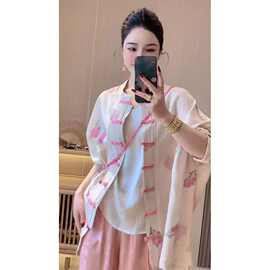 新中式复古盘扣印花衬衫女春夏季国风禅意茶服唐装气质中长款上衣